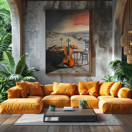 無気力なテーブルに超現実的なバイオリンと砂時計 ポスター