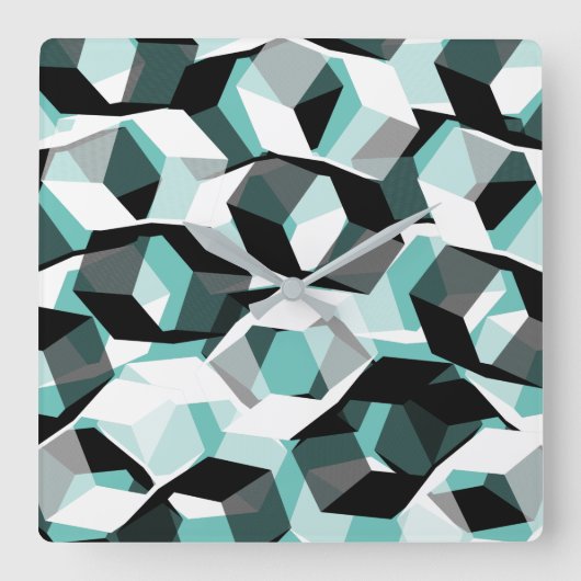 無色の部分を持つ多数の六角形、光ティール（緑がかった色） スクエア壁時計 (正面)