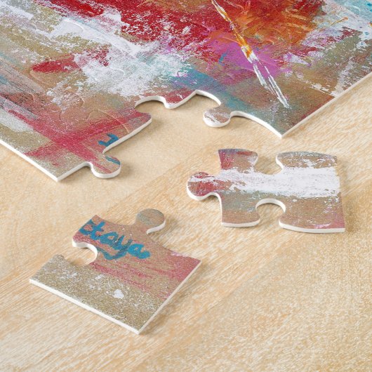 無謀なハート抽象芸術絵画アートのピンクの赤い青 ジグソーパズル (側面)