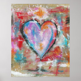 無謀なハート抽象芸術絵画アートのピンクの赤い青 ポスター