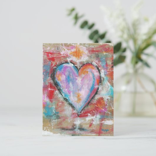 無謀なハート抽象芸術絵画アートのピンクの赤い青 ポストカード (スタンド正面)