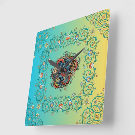 無限の輝き:メーンディグリーンフローラ芸術 スクエア壁時計 (傾斜)