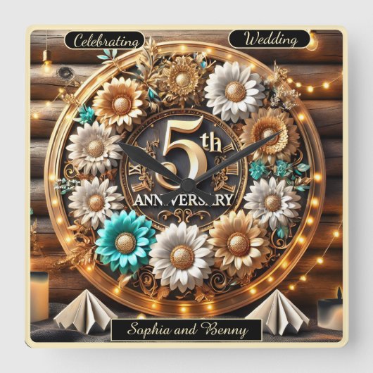 無限の開花: 5周年記念の献上品 スクエア壁時計 (正面)