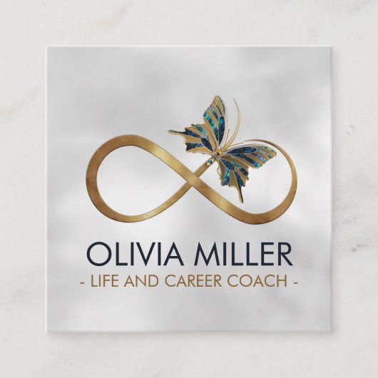 無限大シンボルバタフライ金ゴールドとアワロシェル スクエア名刺 (正面)