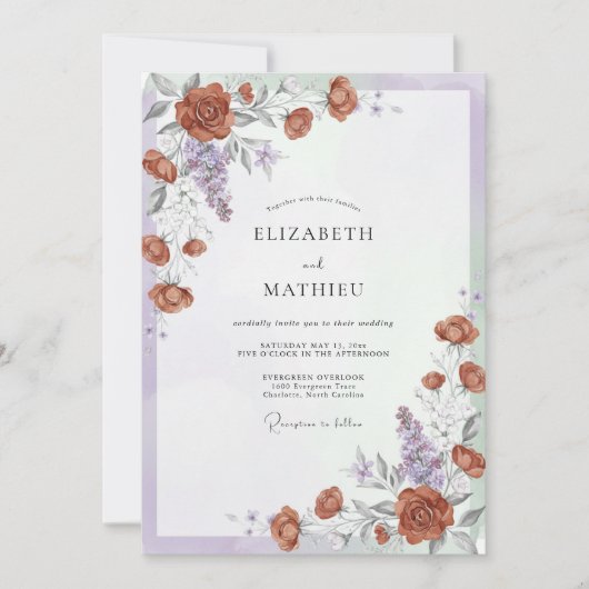 焦がしオレンジの花のロマンティックな結婚式 招待状 (正面)