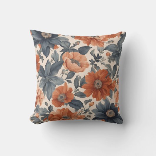 焦げたオレンジとスモーキーブルーのフローラ クッション (正面)