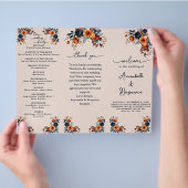 焦げたオレンジとネイビーのフローラバラ結婚式 プログラム チラシ (手)