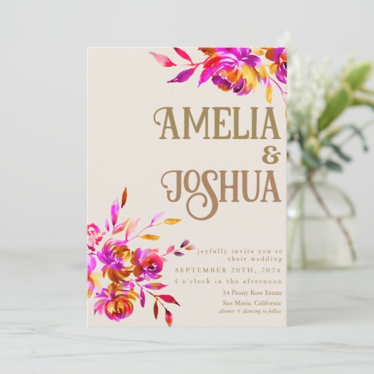 焦げたオレンジとピンク結婚の花 招待状 (スタンド正面)