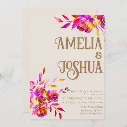 焦げたオレンジとピンク結婚の花 招待状 (正面/裏面)