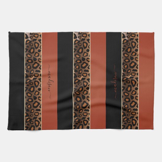 焦げたオレンジとブラックレオパードアニマルプリント キッチンタオル (横)