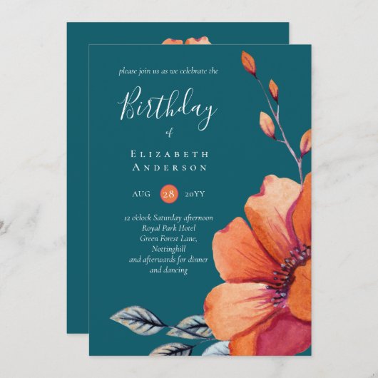 焦げたオレンジと暗いティール（緑がかった色）誕生日 (正面/裏面)