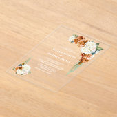 焦げたオレンジと白いバラのフローラ アクリル招待状 (レイダウン)