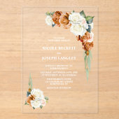 焦げたオレンジと白いバラのフローラ アクリル招待状 (正面)