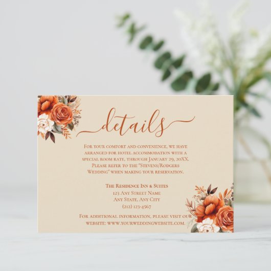 焦げたオレンジと錆のフローラ詳細エンクロージャ 招待状 (スタンド正面)
