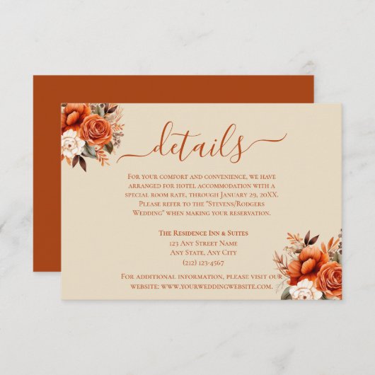 焦げたオレンジと錆のフローラ詳細エンクロージャ 招待状 (正面/裏面)