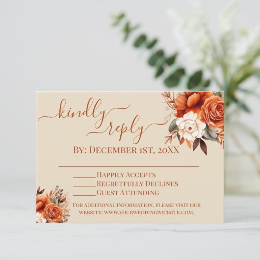 焦げたオレンジと錆のフローラRSVP 招待状 (スタンド正面)