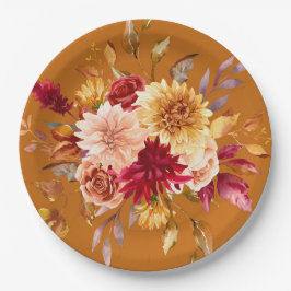 焦げたオレンジと黄色のダリア結婚の花 ペーパープレート