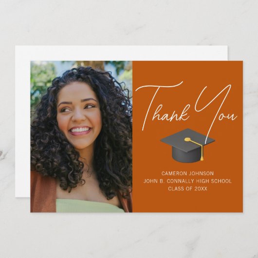 焦げたオレンジの大学院の写真カスタム卒業 サンキューカード (正面/裏面)