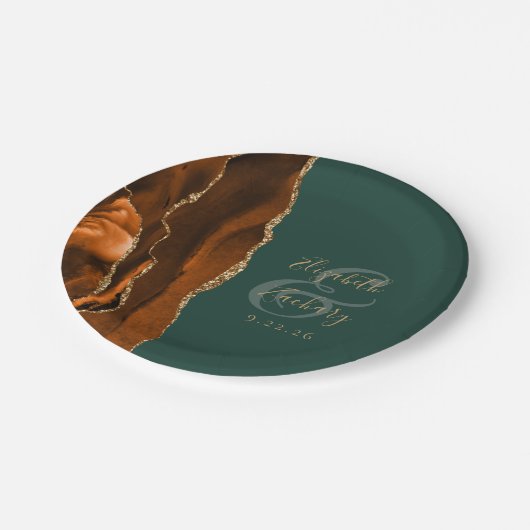 焦げたオレンジの瑪瑙金ゴールドダークグリーン結婚ズ ペーパープレート (アングル)