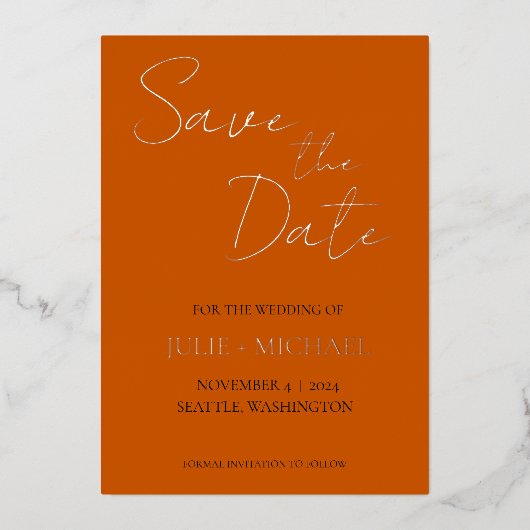 焦げたオレンジシンプル色のスタイル結婚式の日付を保存 箔招待状 (正面)