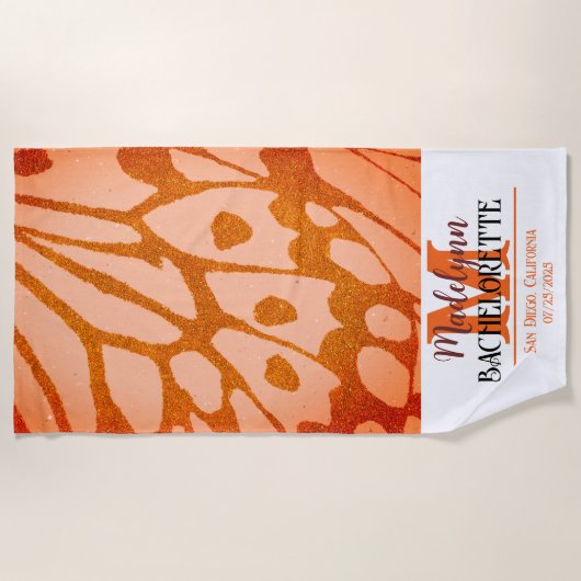 焦げたオレンジバタフライモノグラムバチェロレッテ ビーチタオル (正面)