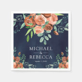 焦げたオレンジバラテラコッタフローラネイビー結婚ズ スタンダードカクテルナプキン (正面)