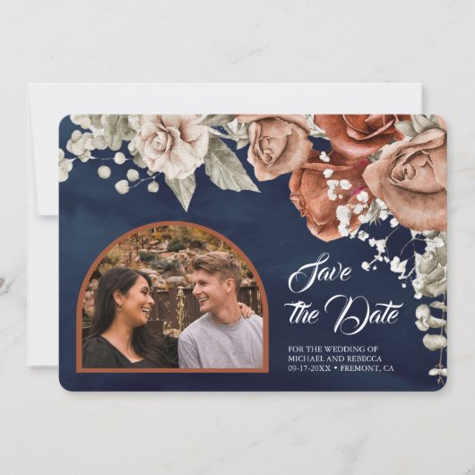 焦げたオレンジバラテラコッタフローラネイビー結婚ズ セーブザデート (正面)