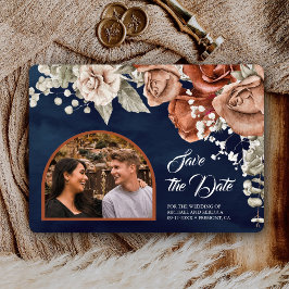 焦げたオレンジバラテラコッタフローラネイビー結婚ズ セーブザデート