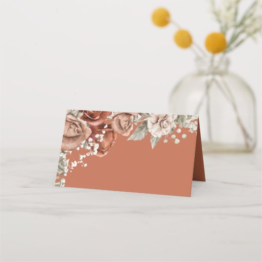 焦げたオレンジバラテラコッタフローラネイビー結婚ズ プレイスカード (裏面)