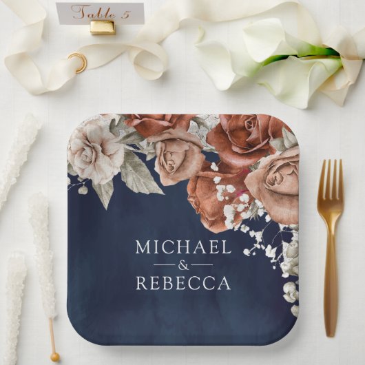 焦げたオレンジバラテラコッタフローラネイビー結婚ズ ペーパープレート (ウェディング)