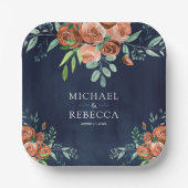 焦げたオレンジバラテラコッタフローラネイビー結婚ズ ペーパープレート (正面)