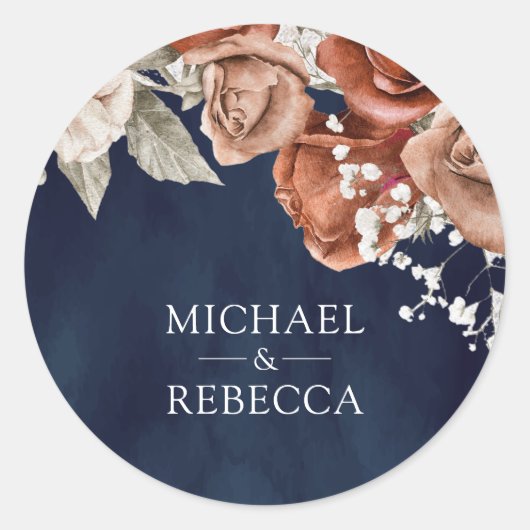 焦げたオレンジバラテラコッタフローラネイビー結婚ズ ラウンドシール (正面)