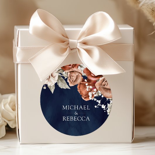 焦げたオレンジバラテラコッタフローラネイビー結婚ズ ラウンドシール