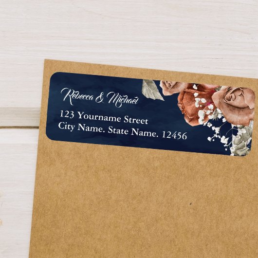 焦げたオレンジバラテラコッタフローラネイビー結婚ズ ラベル