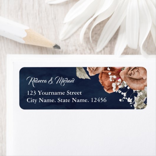 焦げたオレンジバラテラコッタフローラネイビー結婚ズ ラベル (インサイチュ)