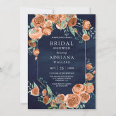 焦げたオレンジバラフローラネイビーブルーブライダルシャワー 招待状 (正面)