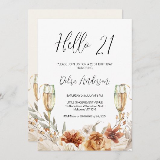 焦げたオレンジフローラとグラス21歳の誕生日 招待状 (正面/裏面)