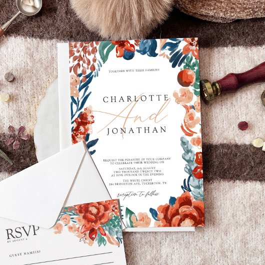 焦げたオレンジボホ明るい結婚花 招待状