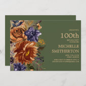 焦げたオレンジラストブルーフローラグリーン100誕生日 招待状 (正面/裏面)