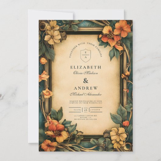 焦げたオレンジ結婚色アールヌーボー 招待状 (正面)