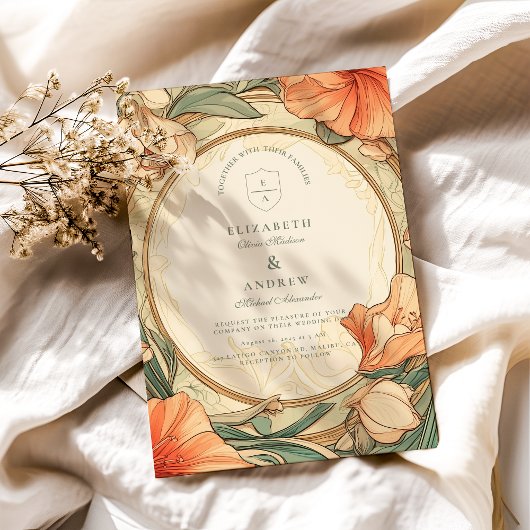 焦げたオレンジ結婚色フローラ 招待状
