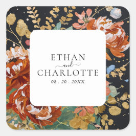 焦げたオレンジ絵を描色の牡丹フローラの結婚金ゴールド スクエアシール