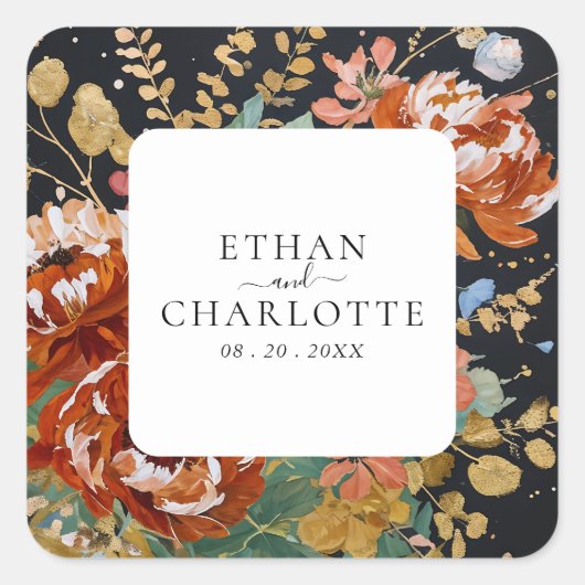 焦げたオレンジ絵を描色の牡丹フローラの結婚金ゴールド スクエアシール (正面)