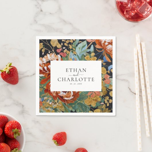 焦げたオレンジ絵を描色の牡丹フローラの結婚金ゴールド スタンダードカクテルナプキン (インサイチュ)