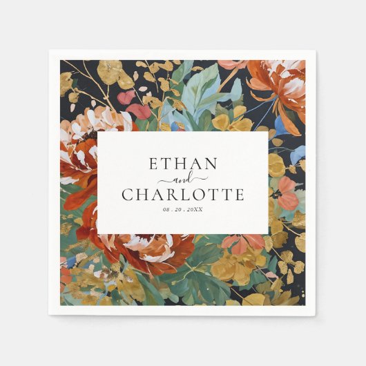 焦げたオレンジ絵を描色の牡丹フローラの結婚金ゴールド スタンダードカクテルナプキン (正面)