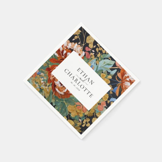 焦げたオレンジ絵を描色の牡丹フローラの結婚金ゴールド スタンダードカクテルナプキン (角)