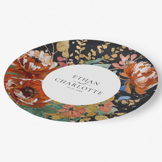 焦げたオレンジ絵を描色の牡丹フローラの結婚金ゴールド ペーパープレート (アングル)