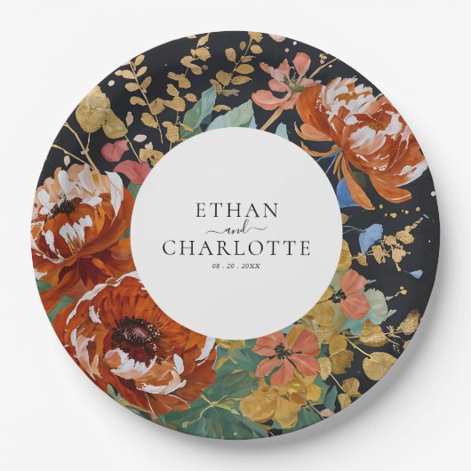 焦げたオレンジ絵を描色の牡丹フローラの結婚金ゴールド ペーパープレート (正面)