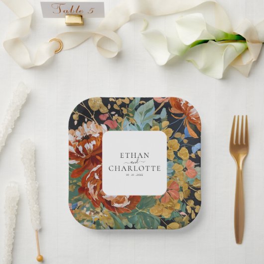 焦げたオレンジ絵を描色の牡丹フローラの結婚金ゴールド ペーパープレート (ウェディング)