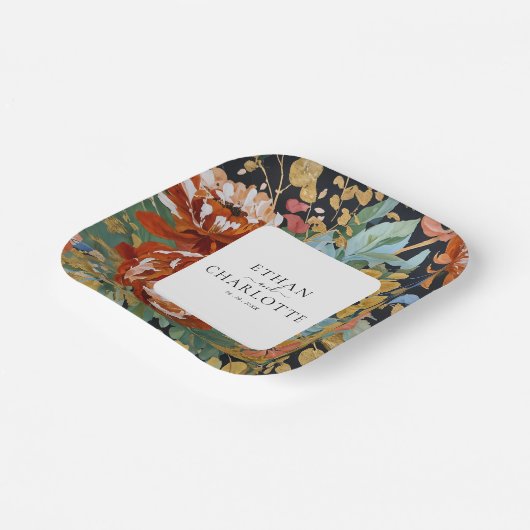 焦げたオレンジ絵を描色の牡丹フローラの結婚金ゴールド ペーパープレート (傾斜あり)